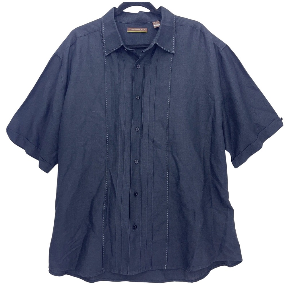 Cubavera Black Button Up XXL Short Sleeve Pintuck Pleated Ramie Rayon Shirt